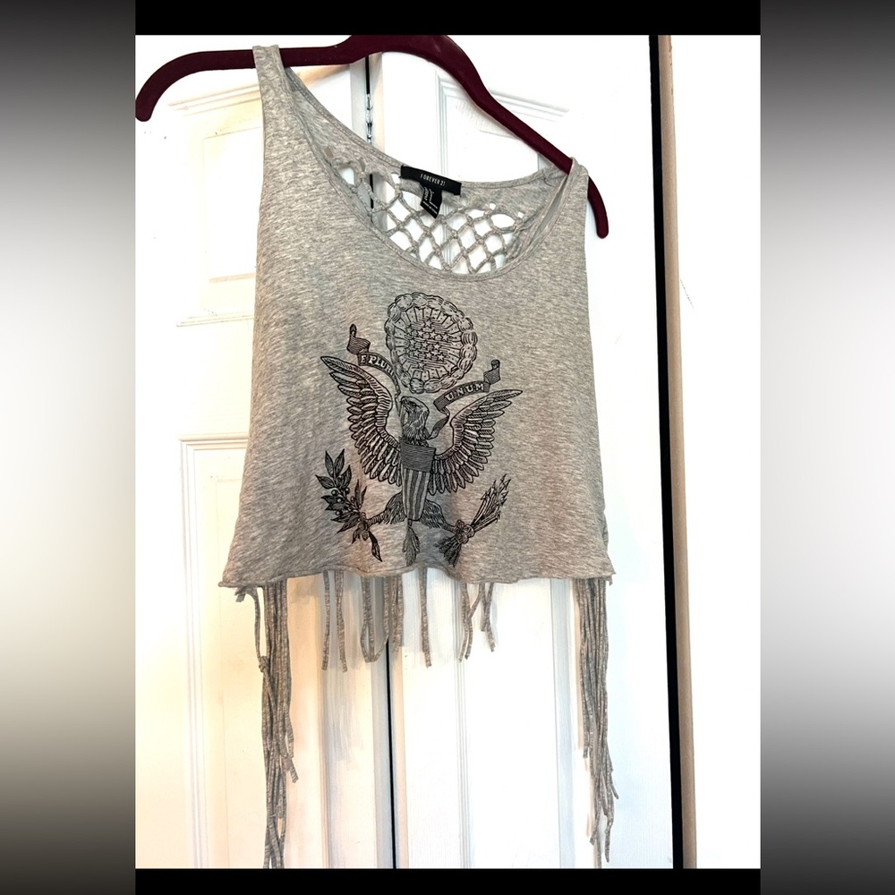 Forever 21 Gray Graphic Fringe Tank Top